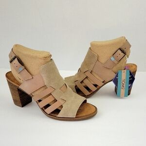 Toms Cobblestone Suede Majorca Woven Stacked Heel Sandal Beige Size 8.5